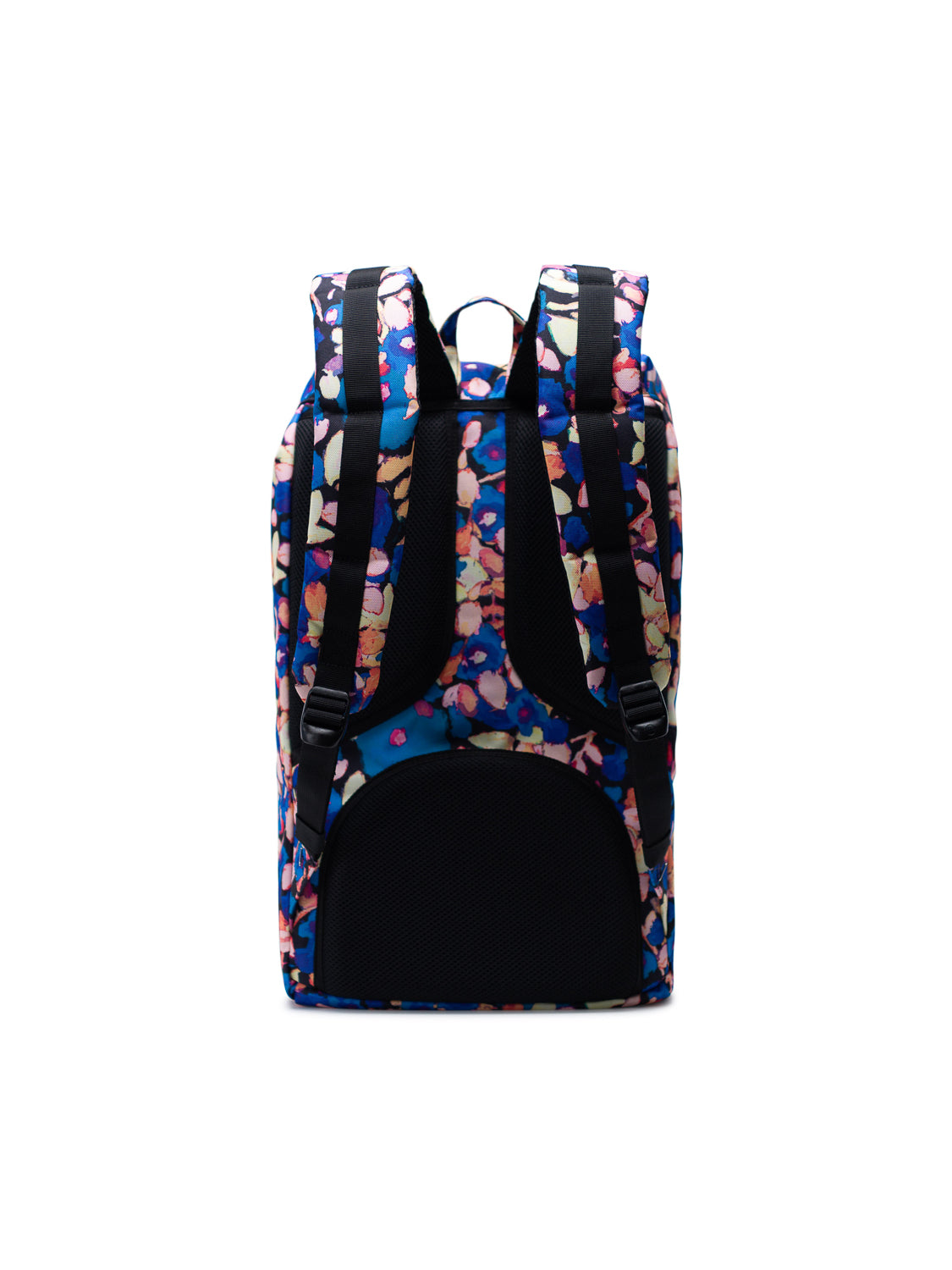 The Herschel Little America Iconic Backpack features a blue base with an abstract floral pattern, padded adjustable black shoulder straps, mesh back padding for comfort, and an interior laptop sleeve. Shown from the back.