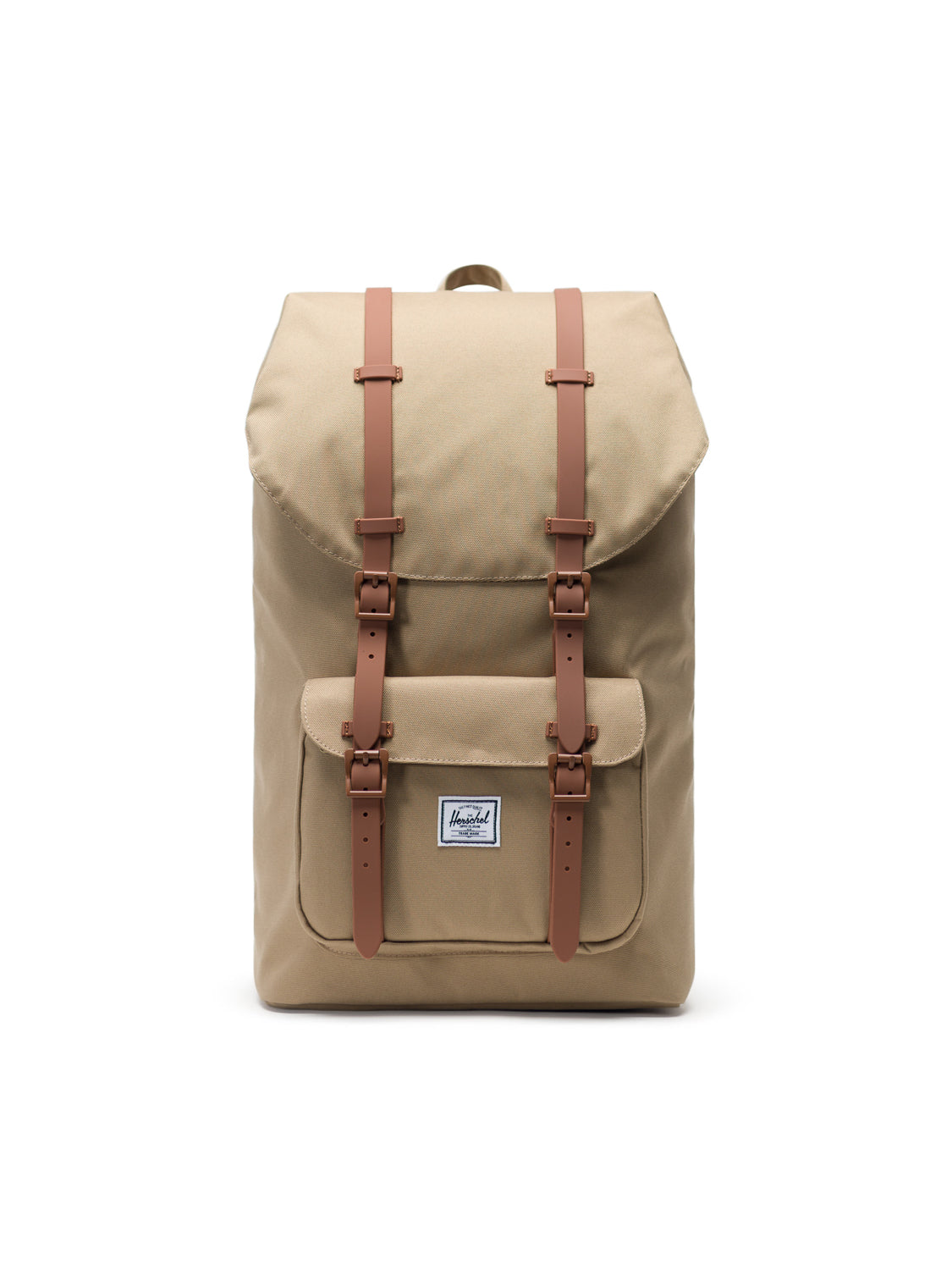 The Herschel Little America Iconic Backpack in beige features brown leather straps, a front pocket, a laptop sleeve, and a signature white rectangular Herschel label. Its classic design stands out against a white background.