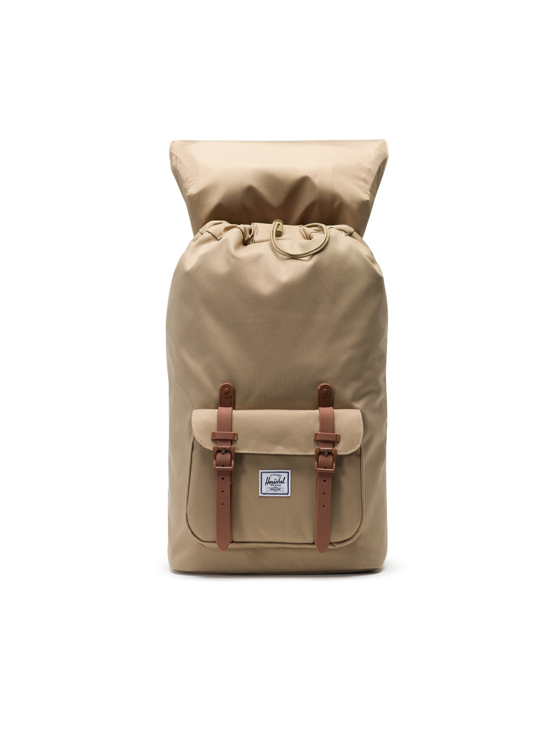 The Herschel Little America Iconic Backpack in tan features brown leather straps, a front pocket, laptop sleeve, and a white rectangular logo patch, shown upright against a plain white background.