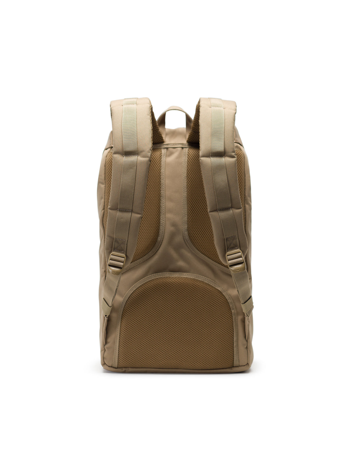 The Herschel Little America Iconic Backpack is shown from the back against a white background, highlighting its padded shoulder straps, contour stitching, mesh back panel, top handle, and internal laptop sleeve.