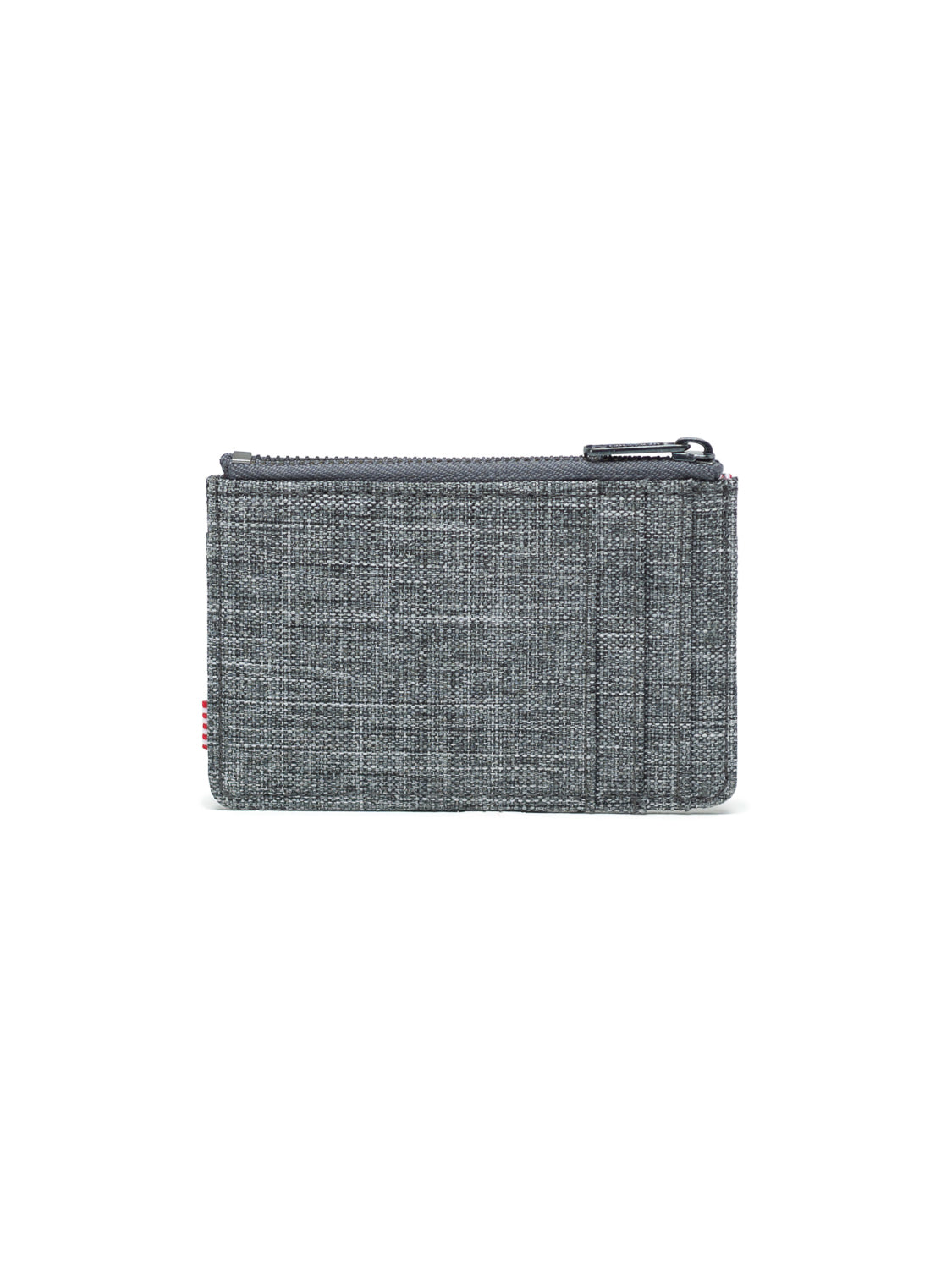 The Herschel Oscar Compact Wallet is a small, grey fabric RFID blocking wallet featuring a top zipper and several front card slots, shown against a white background.