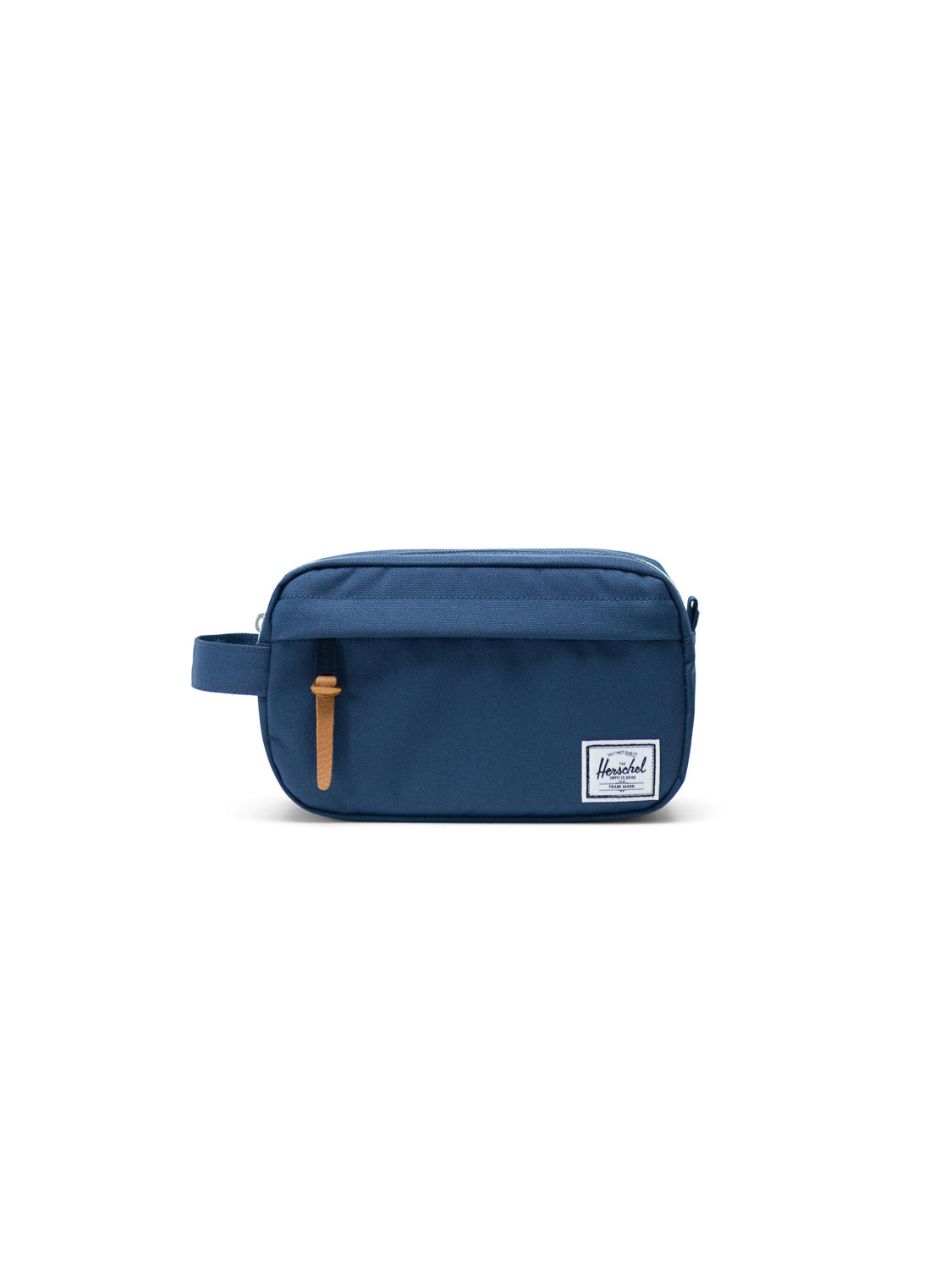 The Herschel Chapter Carry-On Travel Kit is a blue rectangular bag with a waterproof zipper, tan pull, side handle, and white Herschel label on the front, displayed against a plain white background.