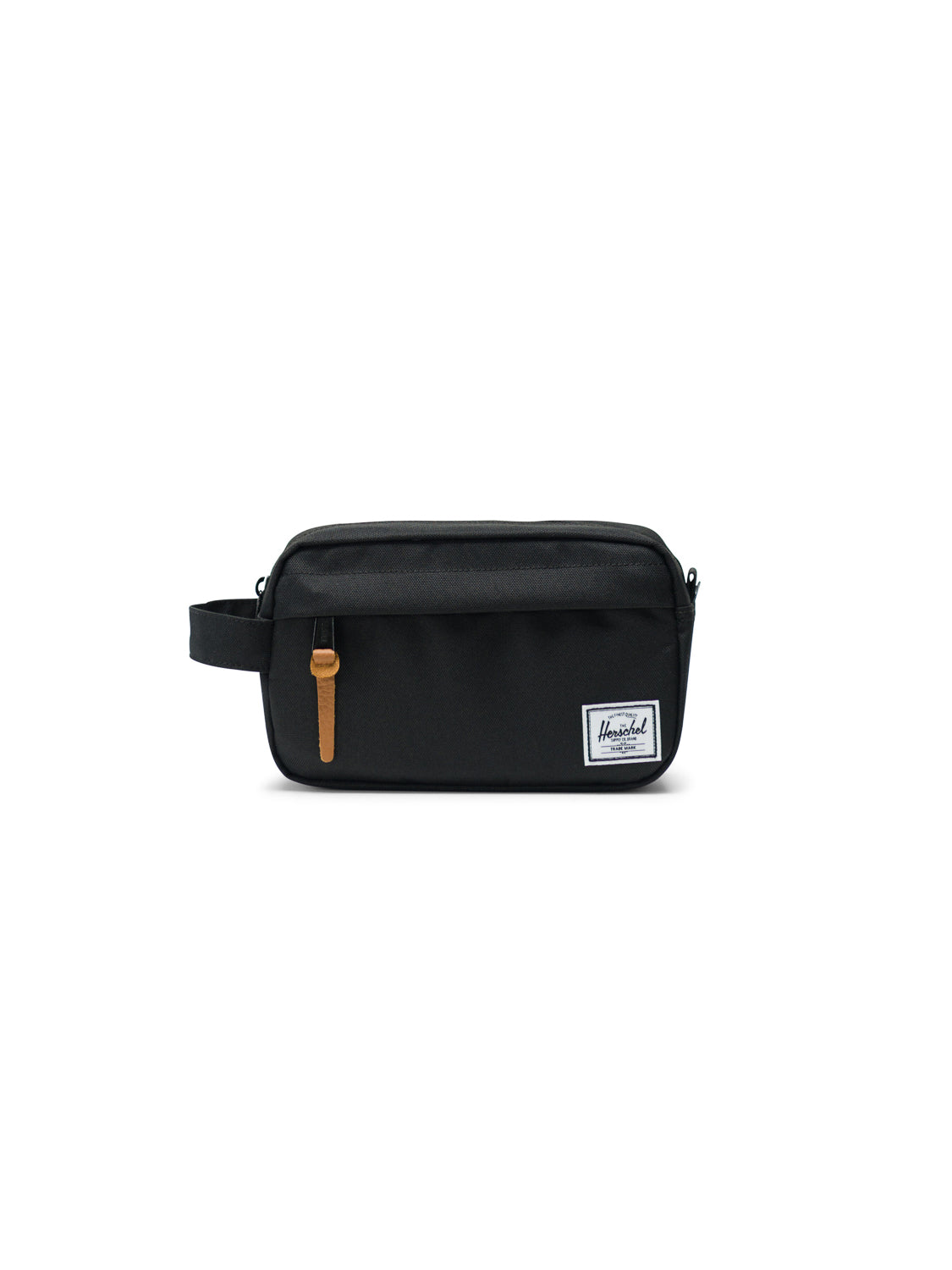 The Herschel Chapter Carry-On Travel Kit is a compact black bag with a side handle, brown zipper pull, a small white Herschel label on the front, and a waterproof zipper, shown against a plain white background.