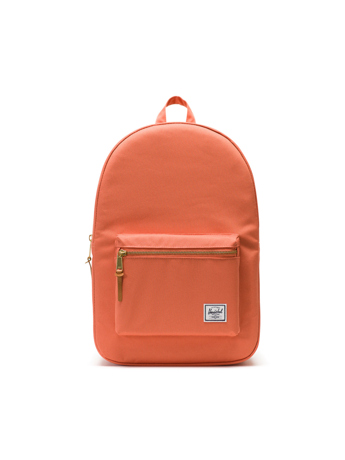 The Herschel Settlement Backpack is an orange minimal bag featuring a front zipper pocket, laptop sleeve, small white logo patch, and top handle, shown against a plain white background.