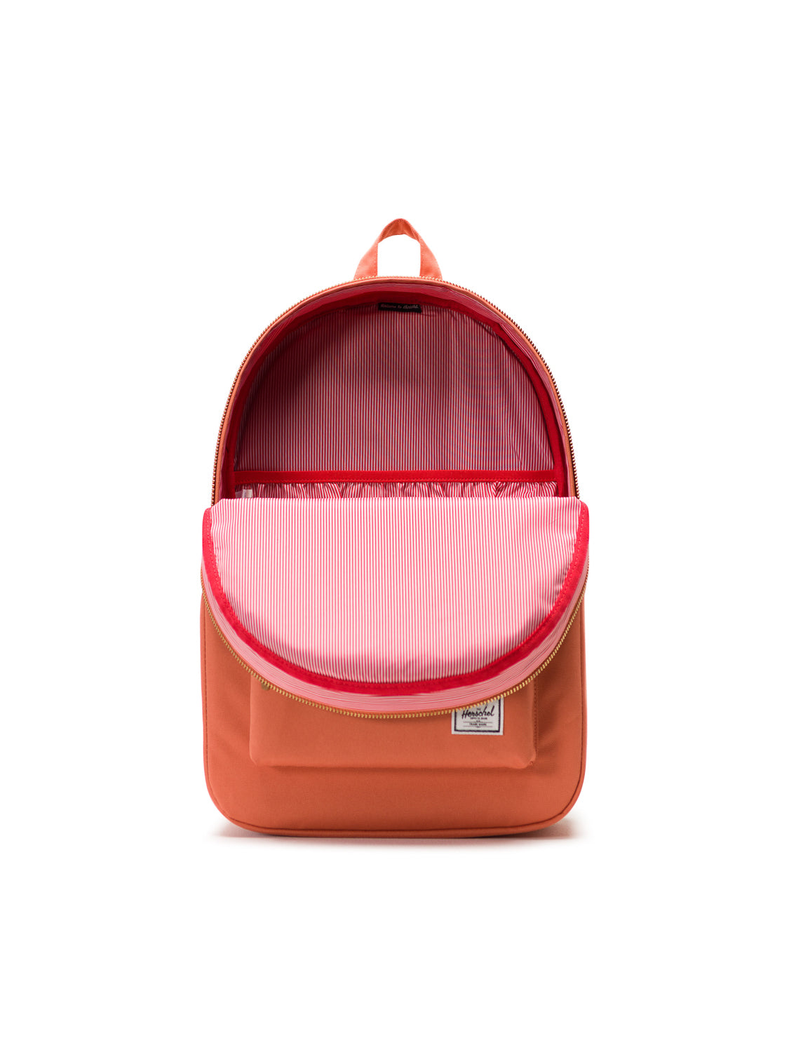 The Herschel Settlement Backpack is shown upright on a white background, main compartment unzipped to reveal a red and white striped lining, an open pocket, and a laptop sleeve.