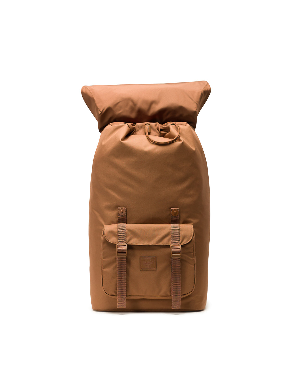 The Herschel Little America Iconic Backpack is a tan, roll-top mountaineering bag with a front pocket, two buckle straps, a laptop sleeve, and a minimalist design, displayed on a plain white background.