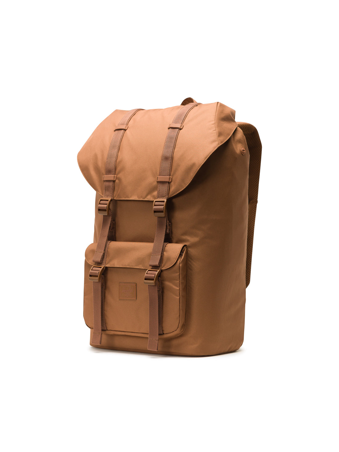 The Herschel Little America Iconic Backpack, shown against a white background, is brown with a large front flap, two buckle straps, a front pocket with flap closure, padded shoulder straps, and a laptop sleeve.