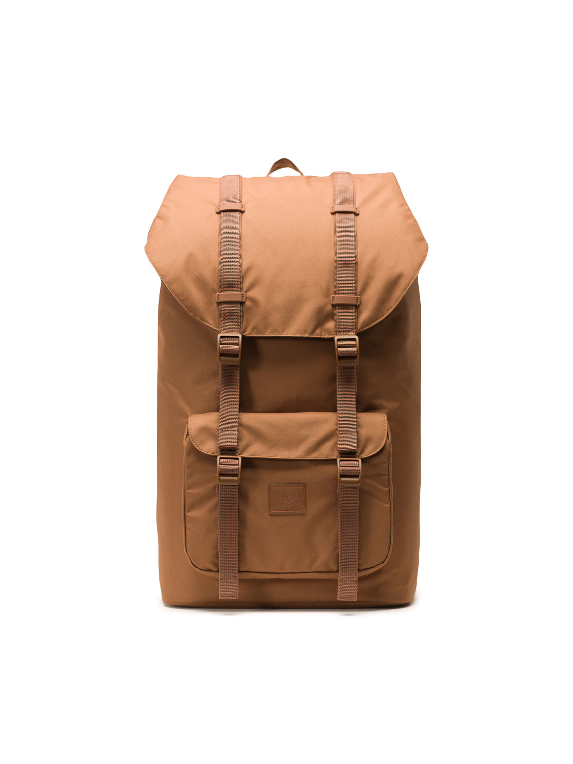 The Herschel Little America Iconic Backpack, in tan, features a flap top, double buckle straps, a front pocket, and a laptop sleeve. Shown against a plain white background.