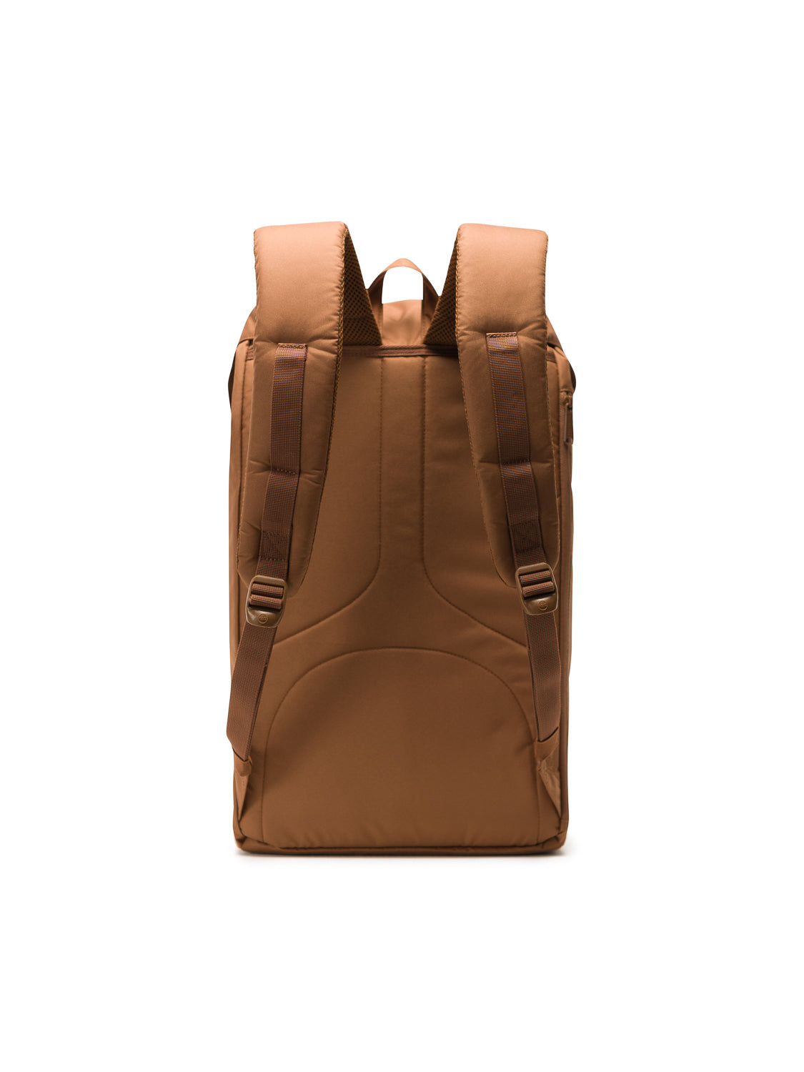 The Herschel Little America Iconic Backpack is shown from the back, displaying padded shoulder straps, a top handle, and a sleek, minimalist brown design—ideal for anyone seeking a simple mountaineering backpack.