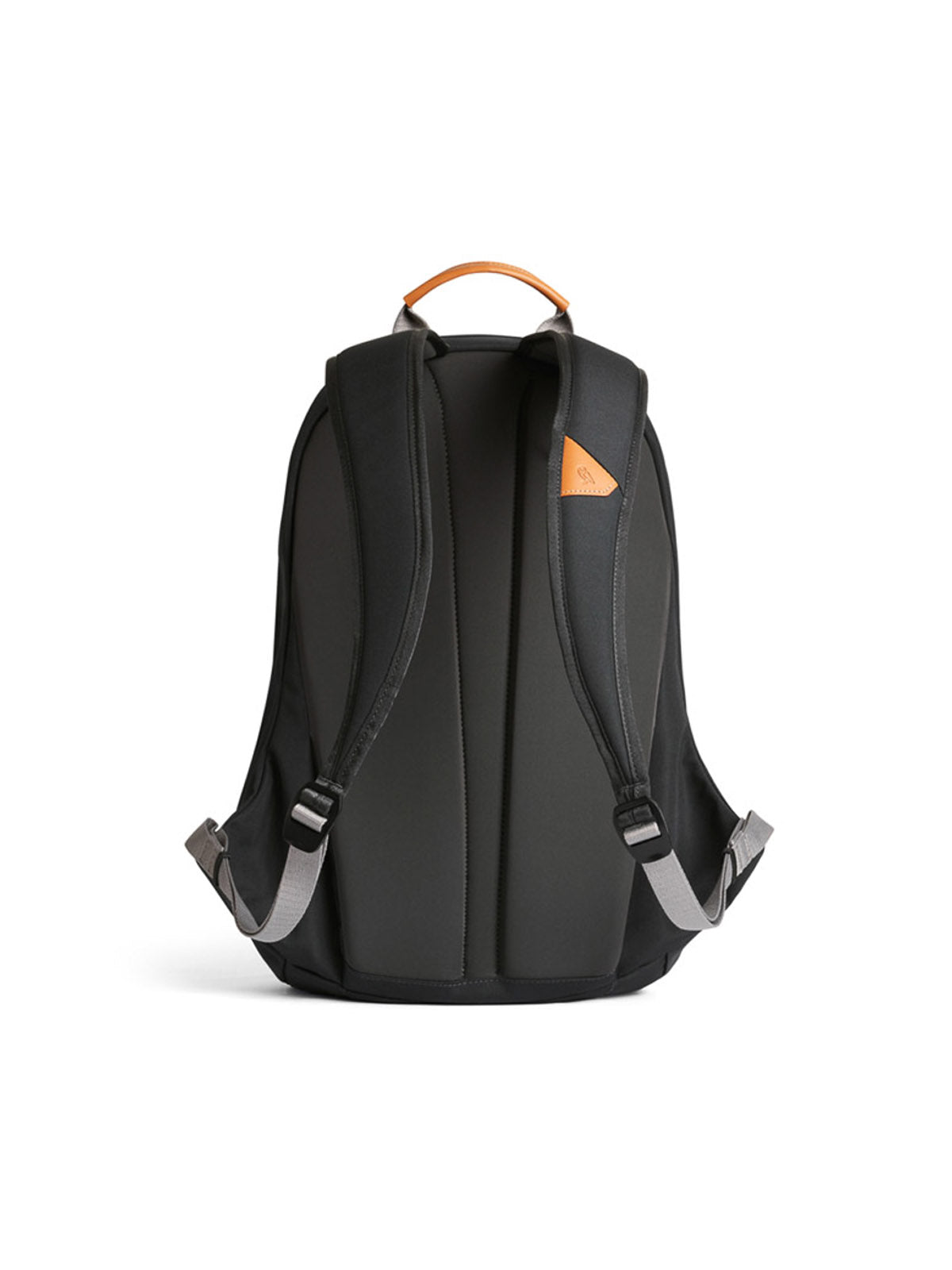 The Bellroy Classic Backpack - 20L is shown from the back in black, with padded straps, a brown top handle, and a tan accent. Made from recycled, water-resistant materials, this laptop bag stands out against a white background.