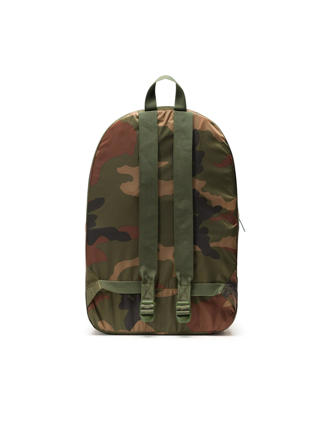 The Herschel Packable Daypack in green, brown, and black camouflage is shown from the back with lightweight ripstop fabric, adjustable shoulder straps, and a top handle against a plain white background.