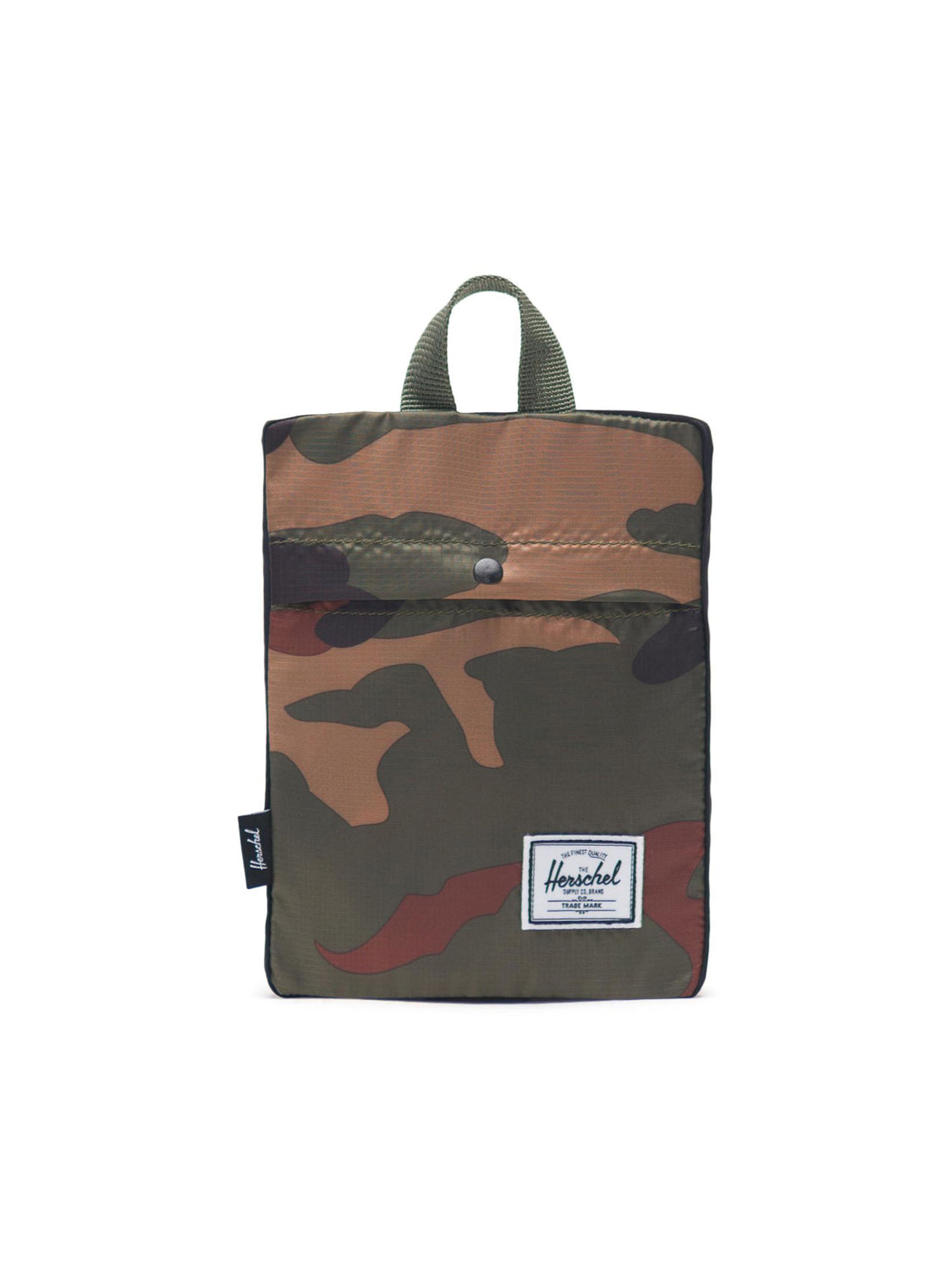 The Herschel Packable Daypack features a camouflage print, lightweight ripstop construction, snap button pocket, green carrying loop, and a front white label with black text, shown against a white background.