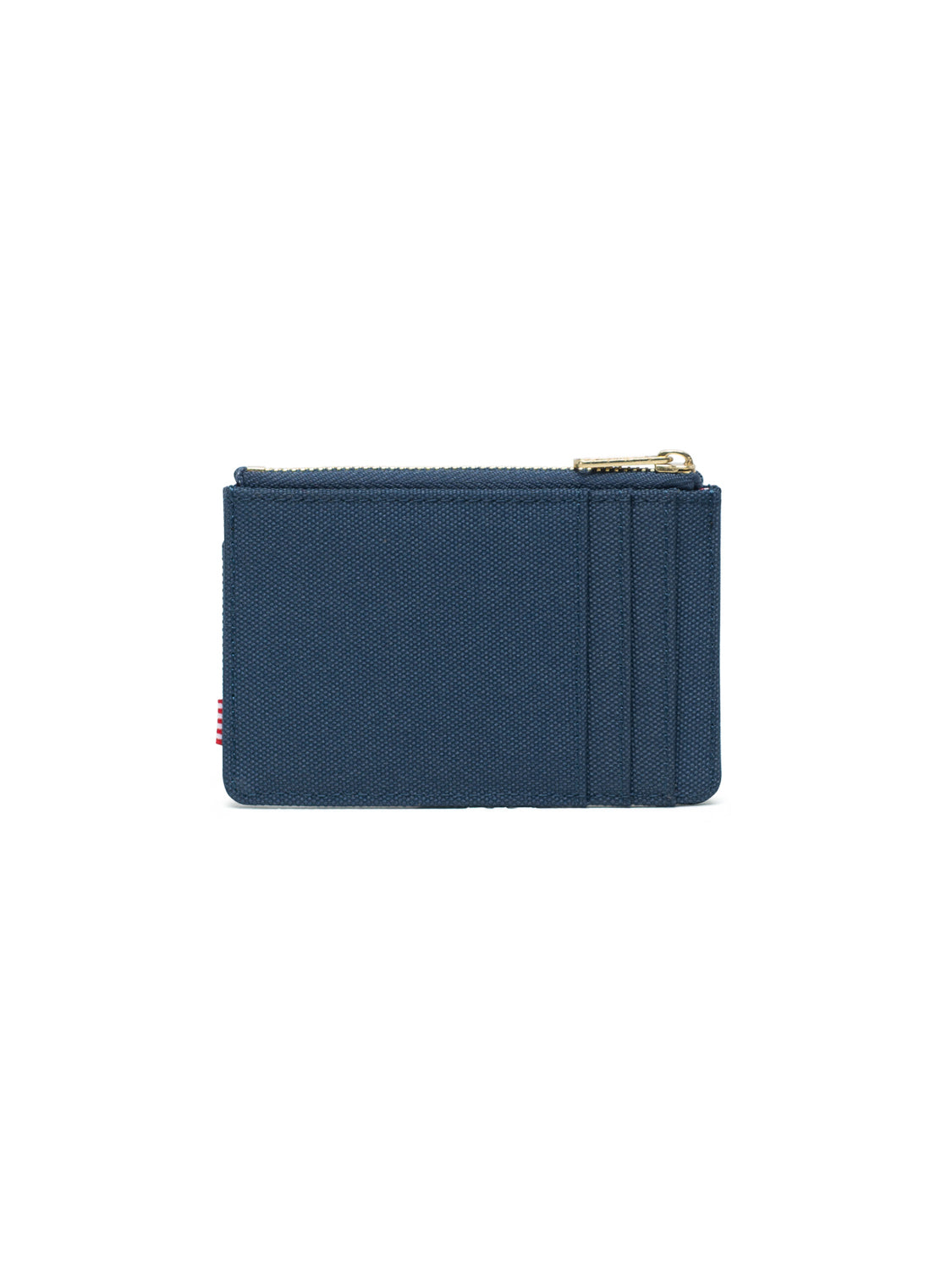 The Herschel Oscar Compact Wallet features blue fabric, a top zipper, three side card slots, and a small red tag on the left edge, displayed on a white background—perfect for daily use.