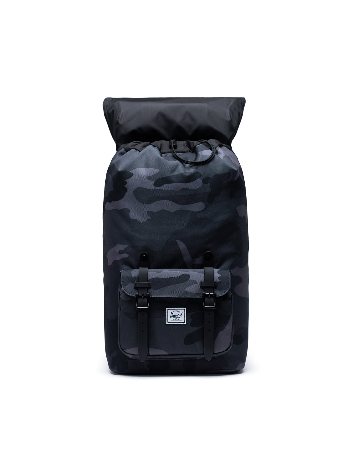 The Herschel Little America Iconic Backpack in black and dark gray camo features a top flap closure, front pocket, dual buckle straps, and a laptop sleeve, shown against a plain white background.