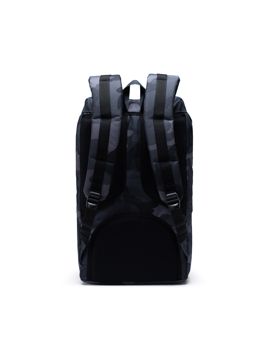 The Herschel Little America Iconic Backpack is shown from the back in black and grey camo, featuring two padded shoulder straps, a mesh bottom panel, and a laptop sleeve. A white background highlights the backpack's details.