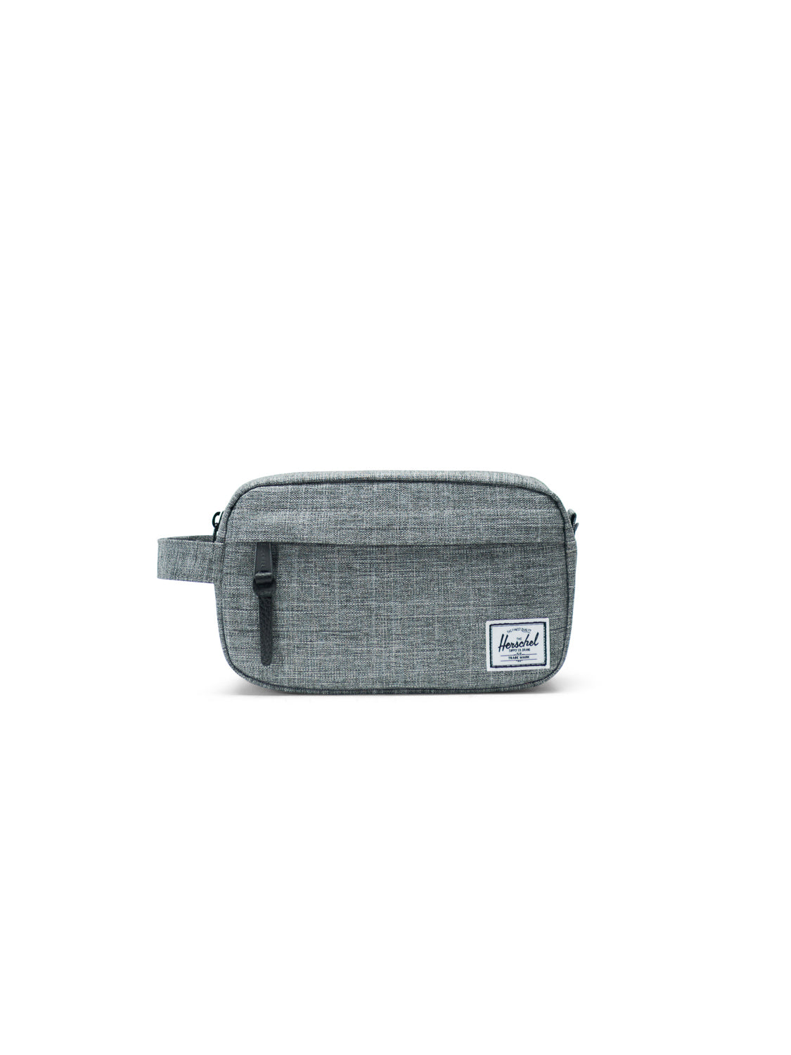 The Herschel Chapter Carry-On Travel Kit is a rectangular gray bag with a side handle, waterproof front zipper pocket, and a white logo patch on the lower right corner, shown against a plain white background.