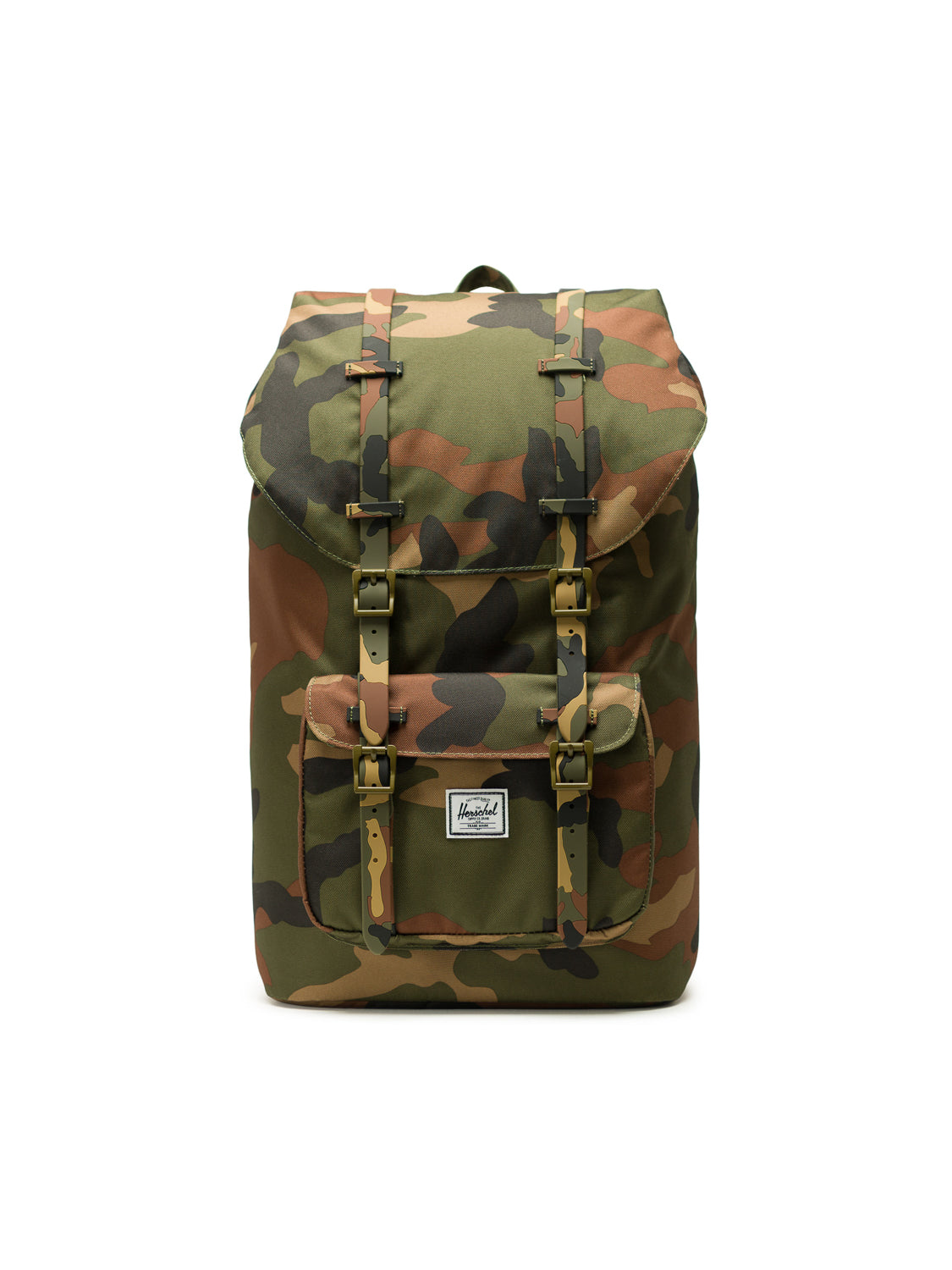 A Herschel Little America Iconic Backpack with a camouflage pattern, flap top, dual buckle straps, front pocket with a white Herschel logo patch, and laptop sleeve, shown on a white background.
