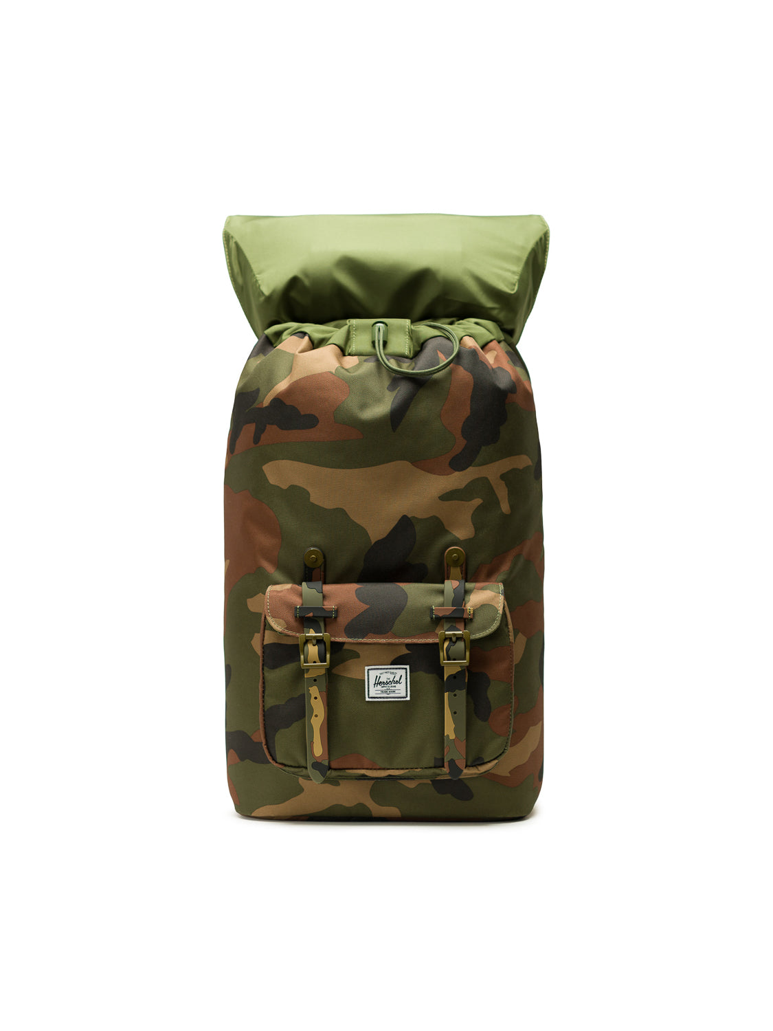 The Herschel Little America Iconic Backpack features a camouflage pattern, rolled top, front pocket, brown buckle straps, white rectangular Herschel logo, and padded laptop sleeve, displayed against a white background.