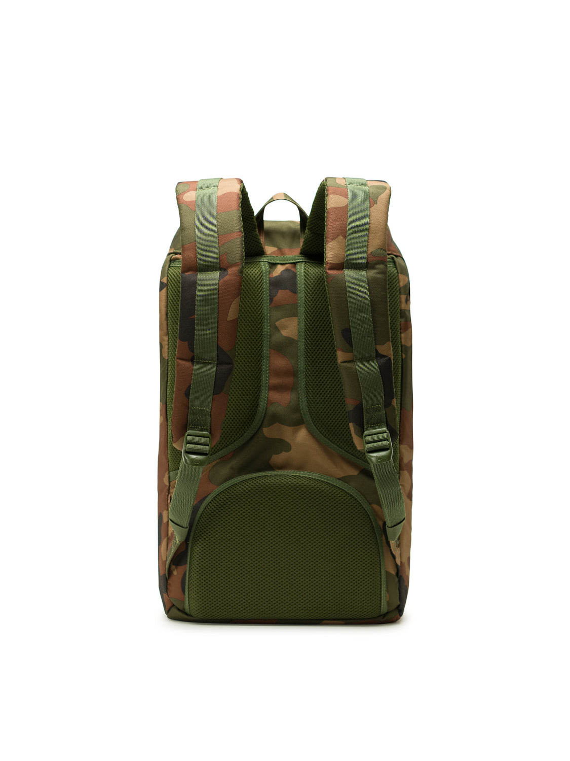 The Herschel Little America Iconic Backpack is shown from the back with a camouflage pattern, padded green shoulder straps, supportive back panel, and a laptop sleeve, all set against a plain white background.
