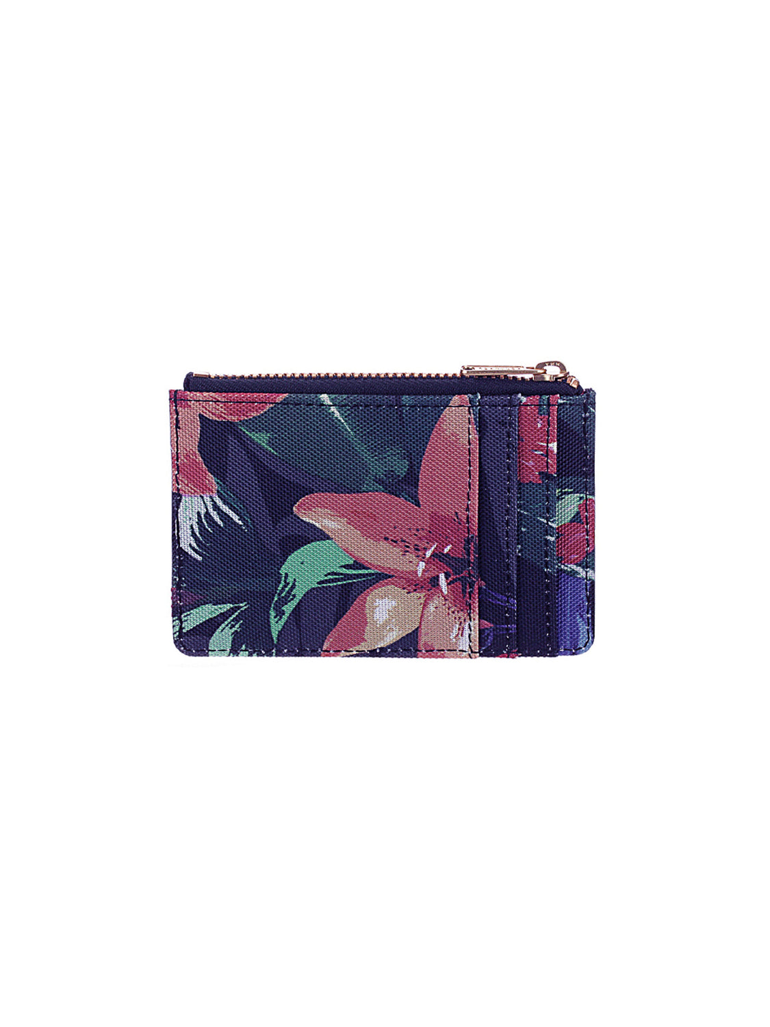 The Herschel Oscar Compact Wallet features a colorful floral pattern with pink, red, and green flowers on a dark background, a zippered top, front card slots, and RFID blocking technology for security.