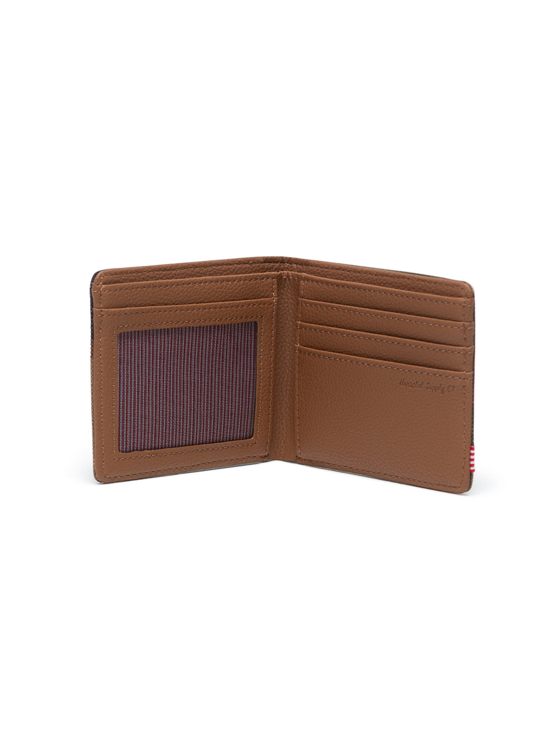 The Herschel Hank Bi-Fold Wallet is open, displaying a transparent ID slot on the left, multiple card slots on the right, striped fabric lining, and RFID blocking for security.