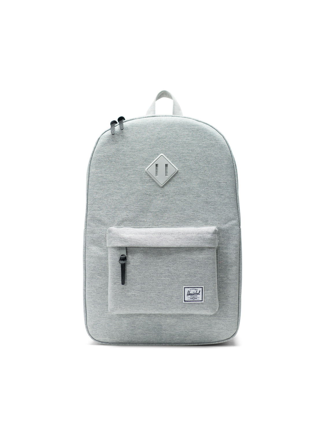 Herschel Heritage Backpack in light grey with classic mountaineering style, front zip pocket, diamond patch, laptop sleeve, black zipper pulls, and rectangular brand label, displayed on a white background.