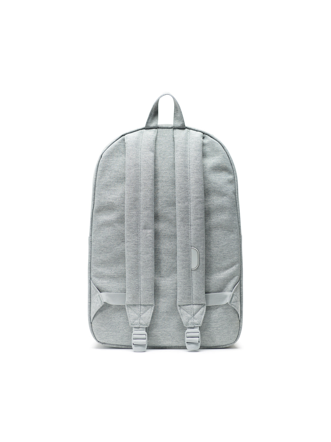 Light gray Herschel Heritage Backpack shown from the back, featuring padded shoulder straps, a top handle, laptop sleeve, and minimalist design against a white background.