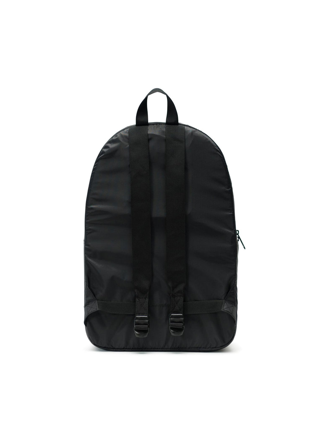 The Herschel Packable Daypack in black is displayed from the back, highlighting two adjustable shoulder straps and a top handle, set against a plain white background.