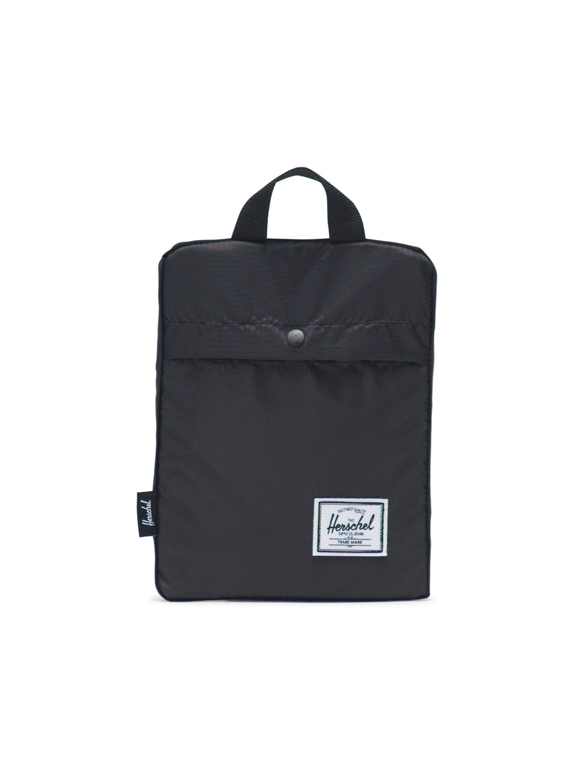 The Herschel Packable Daypack is a black rectangular pouch crafted from durable ripstop fabric, featuring a handle, snap-button front pocket, and a white Herschel label. Its minimalist design enhances its modern style.