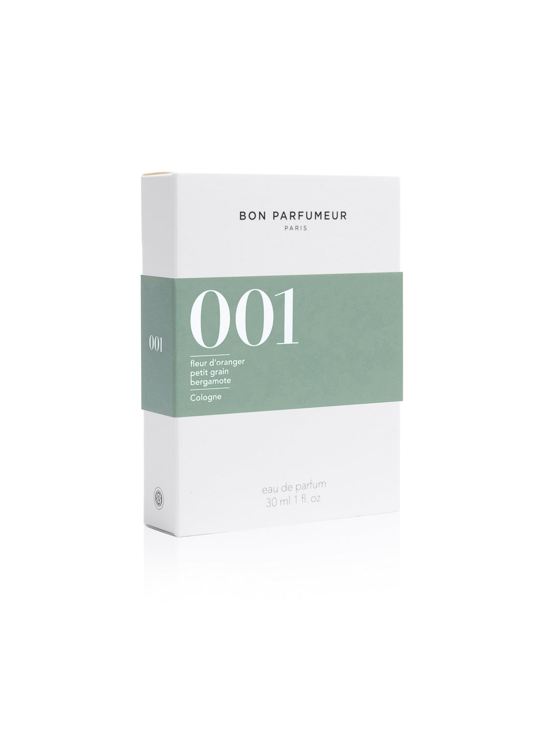 Bon Parfumeurs 001 citrus cologne comes in a white and green box, highlighting its notes of fleur d’oranger, petit grain, and bergamot. Available in a 30 ml (1 fl. oz) size.
