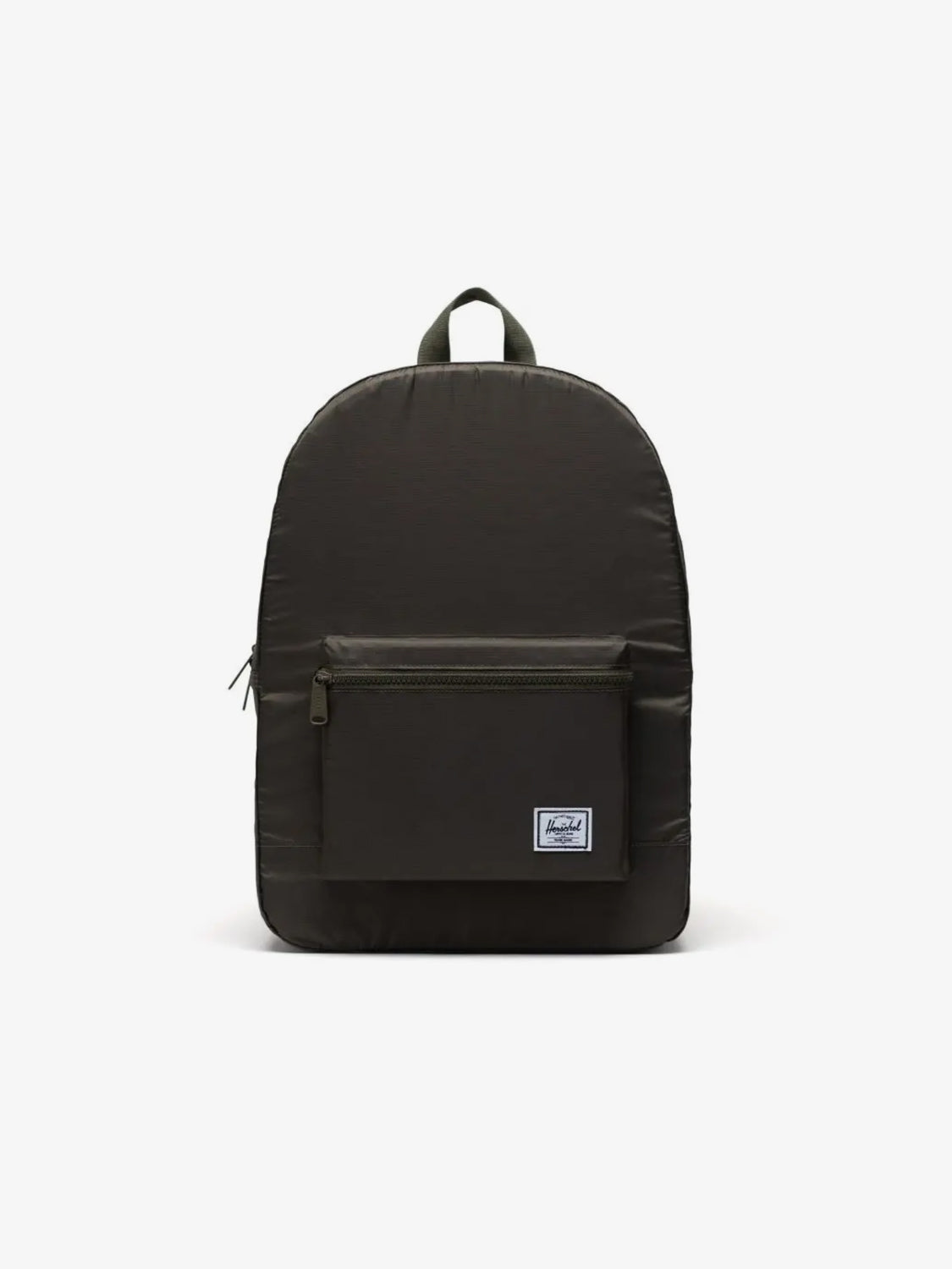 The Herschel Packable Daypack by Herschel is a dark olive green backpack made from durable ripstop fabric, with adjustable shoulder straps, a front zip pocket, and a white rectangular brand label, shown on a plain white background.