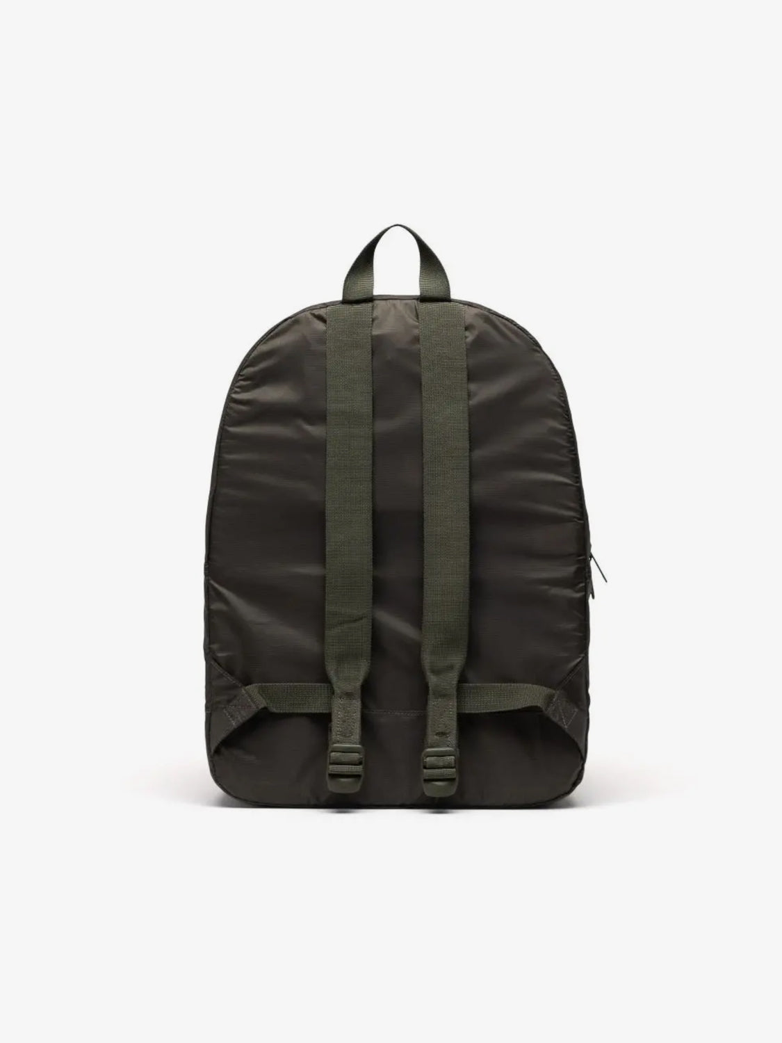 The Herschel Packable Daypack by Herschel is shown from the back in dark green, featuring padded adjustable shoulder straps and a carrying handle, set against a plain white background.