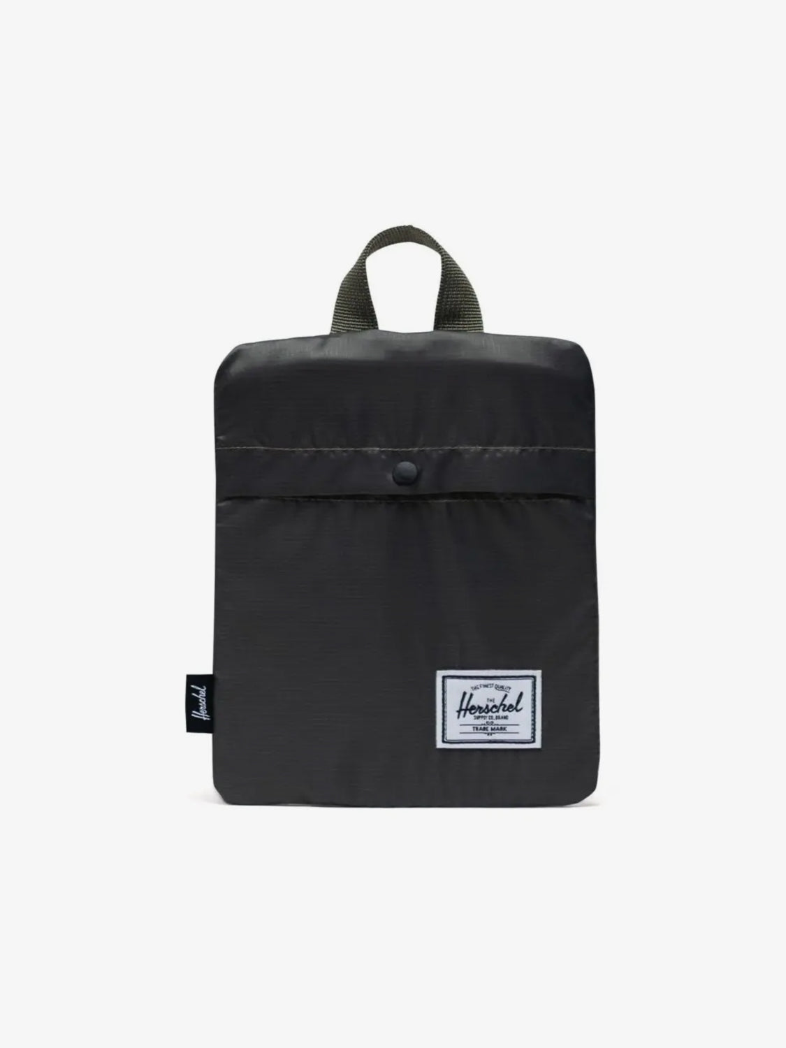 The black Herschel Packable Daypack by Herschel features a compact, square fold, front snap pocket, adjustable shoulder straps, and a white Herschel label on the lower front, shown against a plain white background.