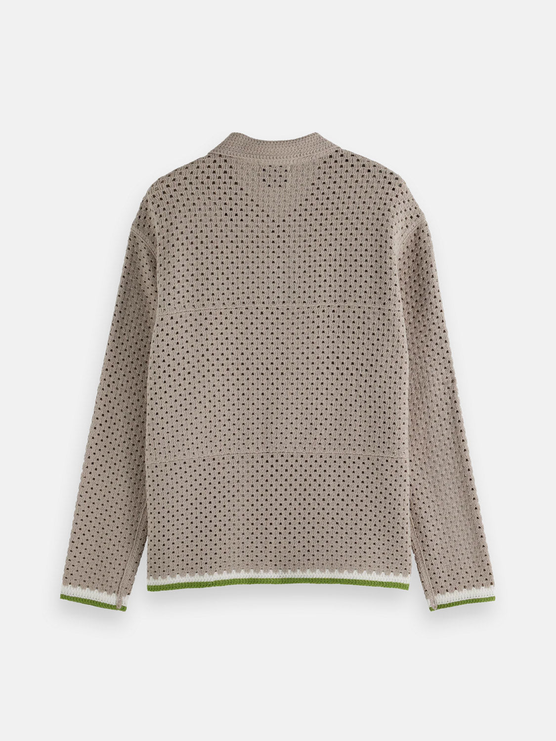 The SCOTCH AND SODA Crochet Long Sleeve Shirt 180084 SU25 is shown from the back in beige, featuring a perforated pattern and green trim on the cuffs and hem—ideal for adding artistic flair to creative spaces.