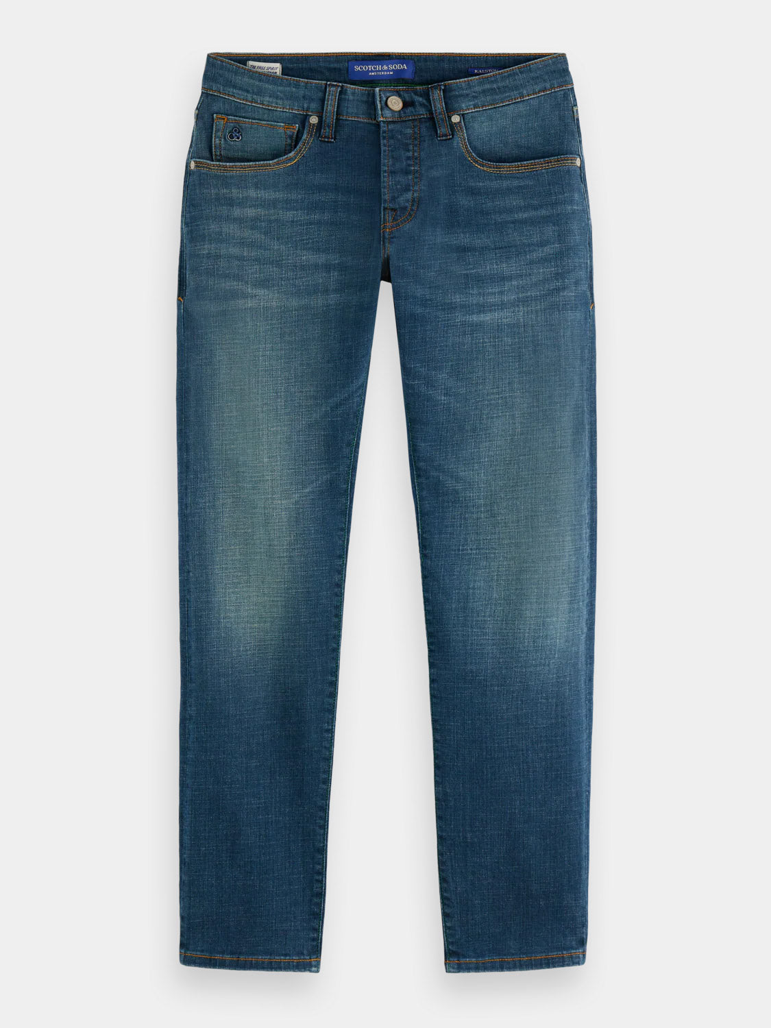 The Scotch & Soda 180872 Ralston Regular Slim Denim jeans feature a classic cut, medium rise, straight leg, five-pocket design, and subtle thigh fading in blue denim.