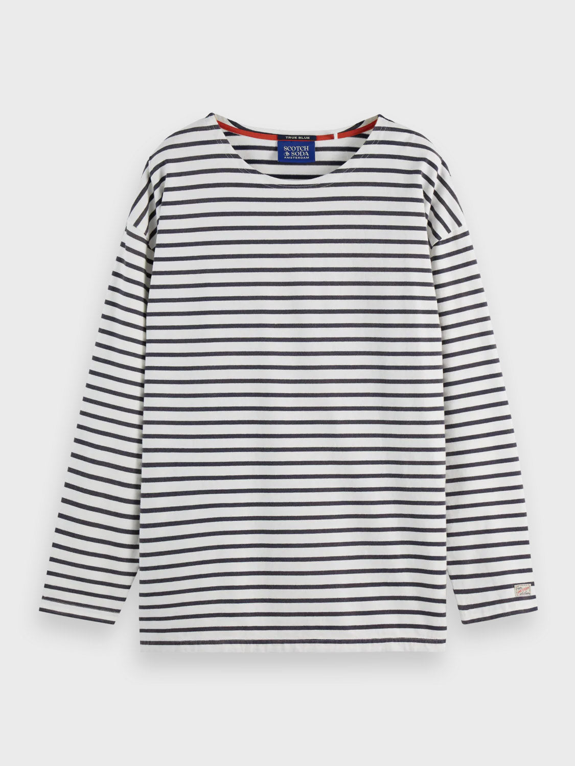 The Scotch & Soda 180878 Denim Washed Long Sleeve Breton Tee is a regular-fit white shirt with evenly spaced black stripes and a round neckline, shown on a plain white background.