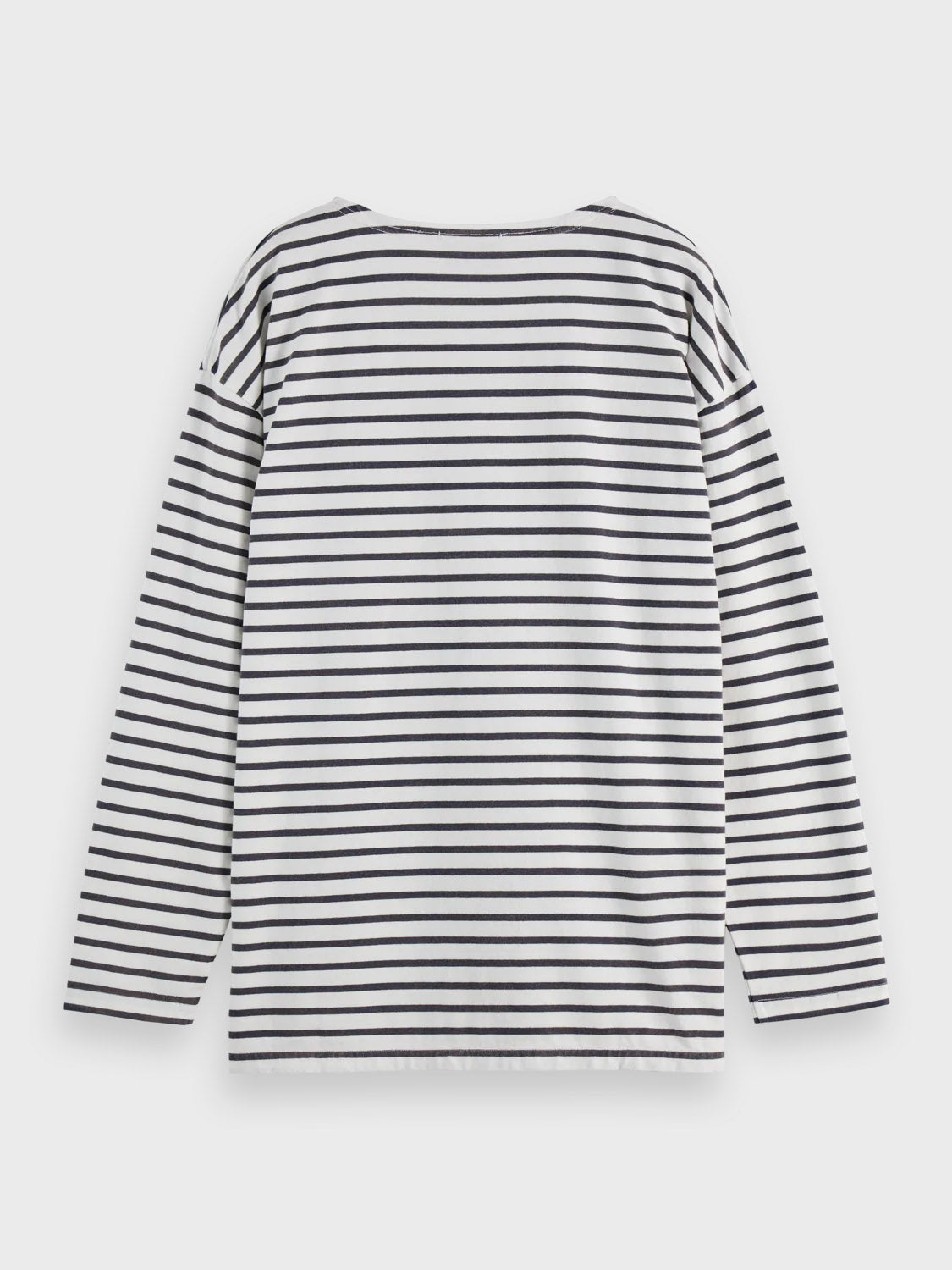 The Scotch & Soda 180878 Denim Washed Long Sleeve Breton Tee features black stripes on white, crafted from soft denim-washed cotton, regular fit, shown from the back against a plain white background.