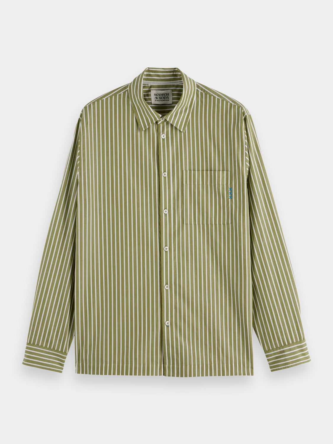The Scotch & Soda 181232 Striped Poplin Shirt is a relaxed-fit, 100% cotton olive green shirt with white vertical stripes, long sleeves, a classic collar, and a left chest pocket, shown laid flat on a white background.