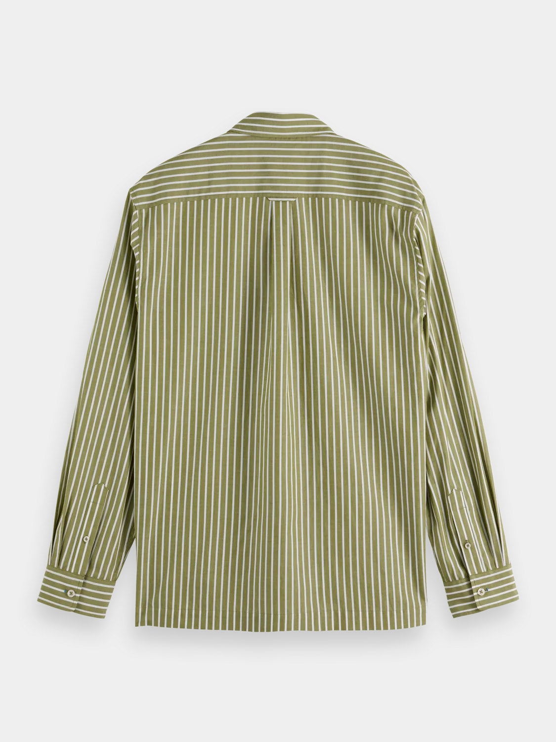 The Scotch & Soda 181232 Striped Poplin Shirt features green and white vertical stripes, a relaxed fit, buttoned cuffs, and a center back pleat. Made from 100% cotton and shown from the back.