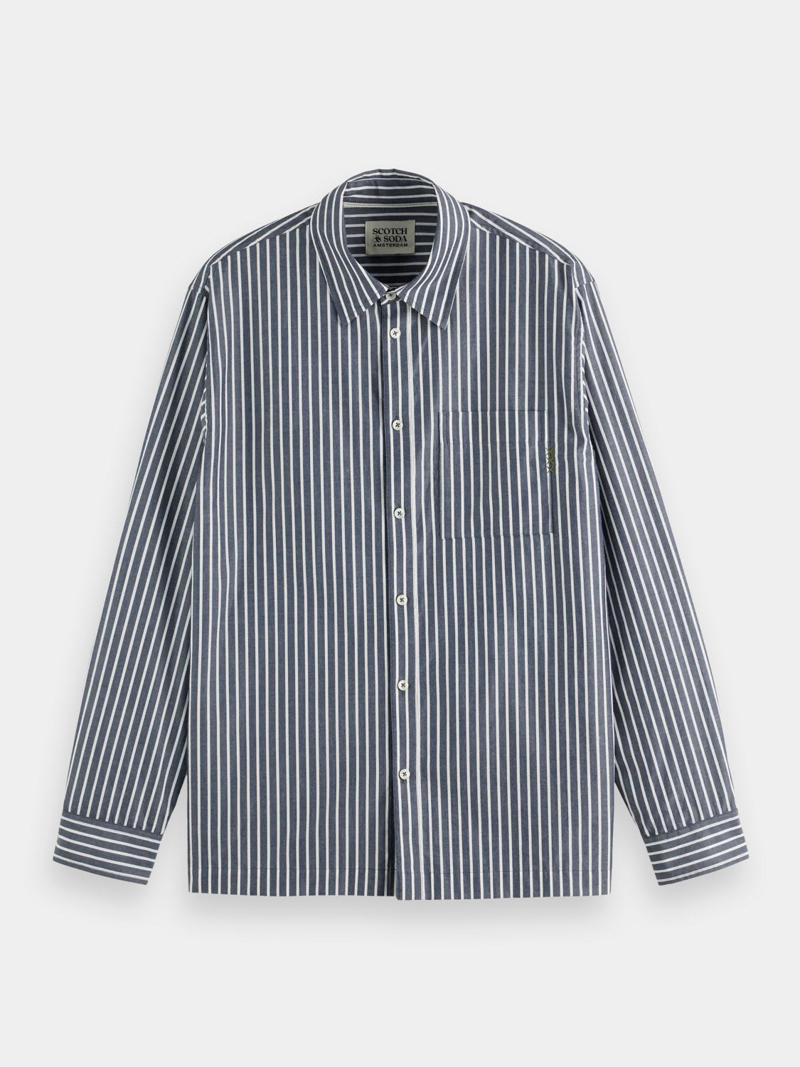 The 181232 Striped Poplin Shirt by Scotch & Soda is a relaxed-fit, 100% cotton shirt with long sleeves, vertical navy and white stripes, a front chest pocket, and a pointed collar.