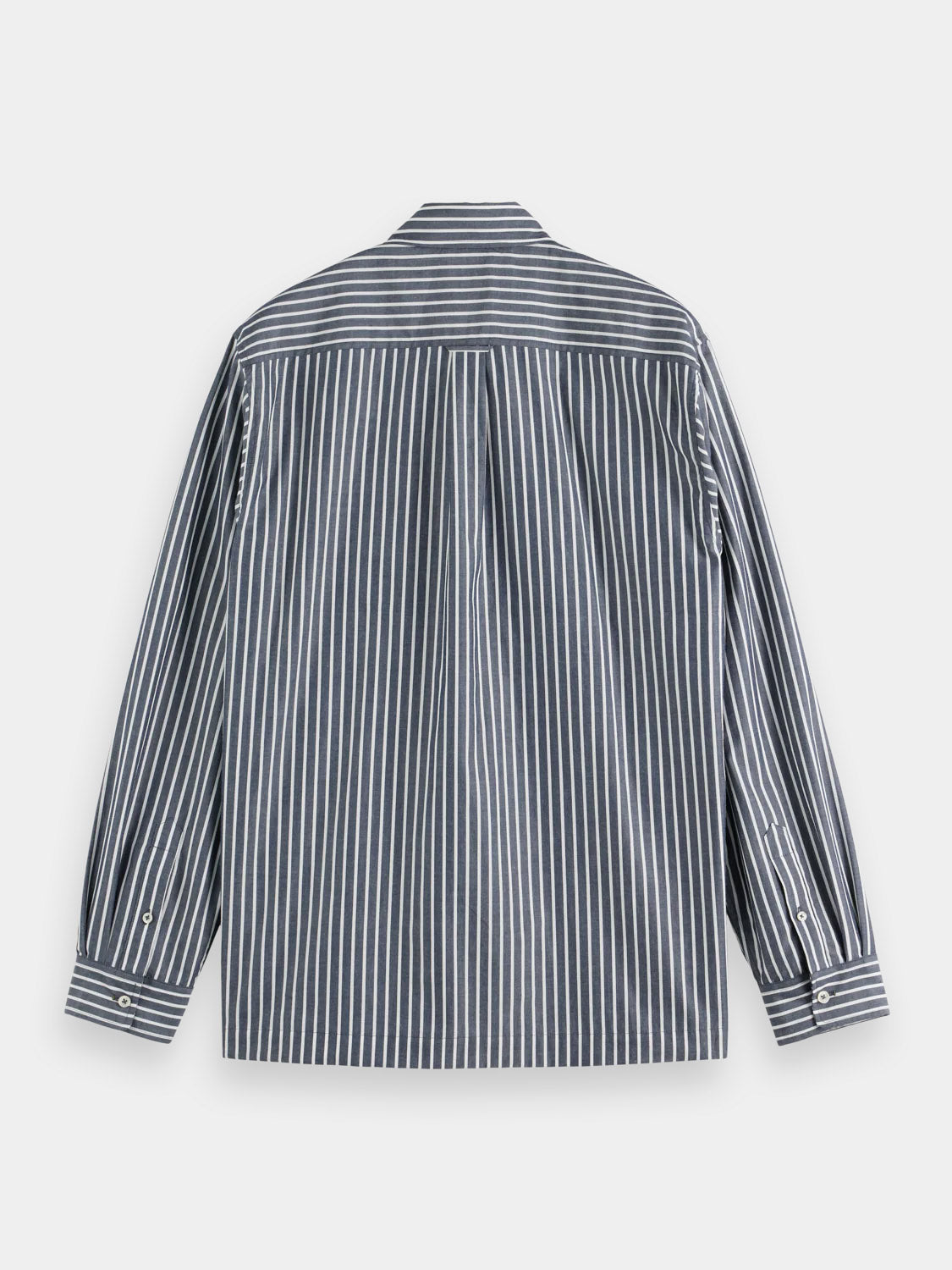 The Scotch & Soda 181232 Striped Poplin Shirt is a relaxed-fit, 100% cotton top with black and white vertical stripes, collar, buttoned cuffs, and a back yoke pleat. Shown from the back to highlight its clean lines.