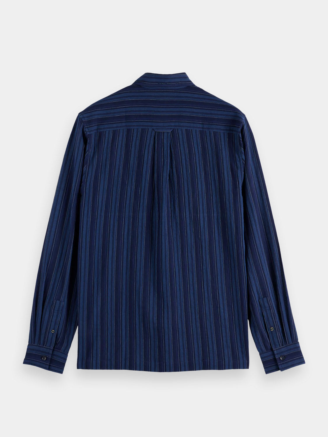 The 181248 - Textured Stripe Shirt by Scotch & Soda is a long-sleeve button-up seen from the back, with vertical blue and black stripes and buttoned cuffs.