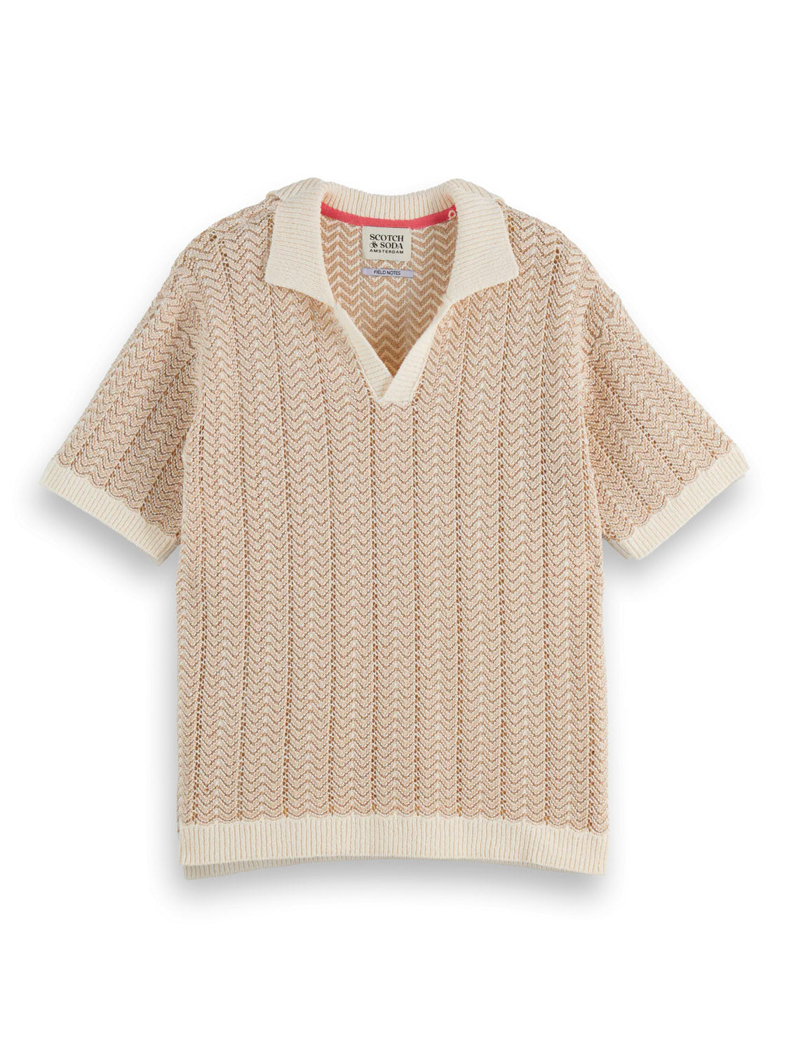 The Scotch & Soda 181322 Open Structured Knitted V-Neck Polo is a short-sleeved beige shirt with a herringbone pattern, open collar, ribbed cuffs and hem, and a contrasting beige trim at the neckline with a visible label.