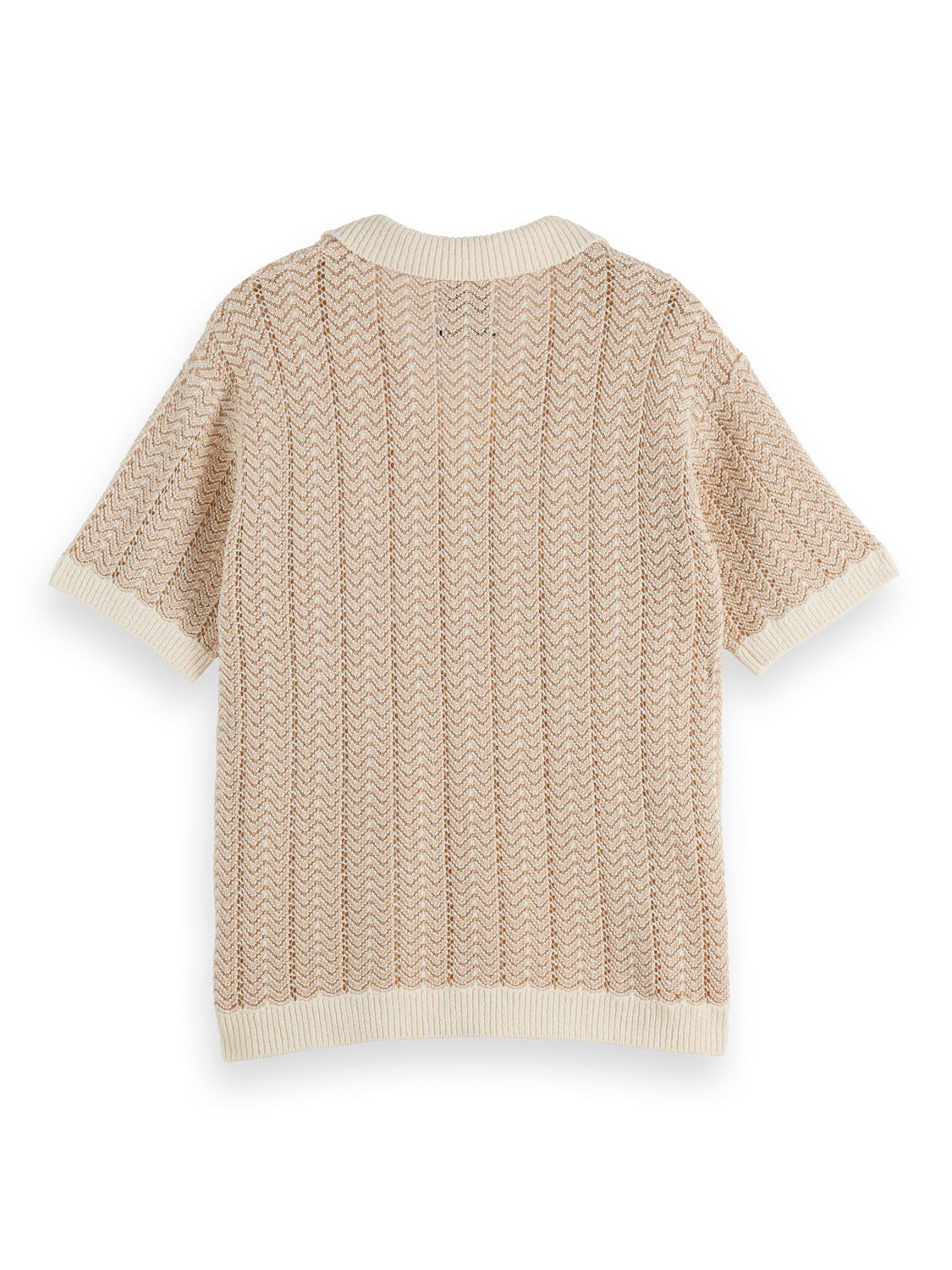 The Scotch & Soda 181322 Open Structured Knitted V-Neck Polo is a lightweight beige short-sleeve sweater with a textured zigzag pattern, ribbed cuffs and hem, shown on a white background.