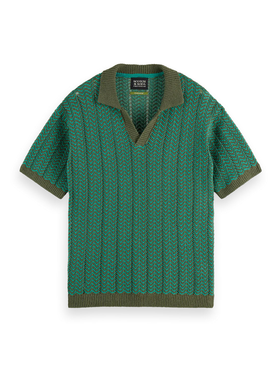 The Scotch & Soda 181322 Open Structured Knitted V-Neck Polo is a lightweight green sweater with short sleeves, a deep V-neck and collar, open-textured chevron pattern, and ribbed edges on sleeves, hem, and collar.