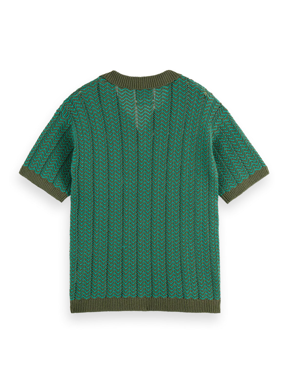 The 181322 Open Structured Knitted V-Neck Polo by Scotch & Soda is a lightweight, green short-sleeved knit with an intricate wavy pattern and ribbed hems, shown flat from the back.