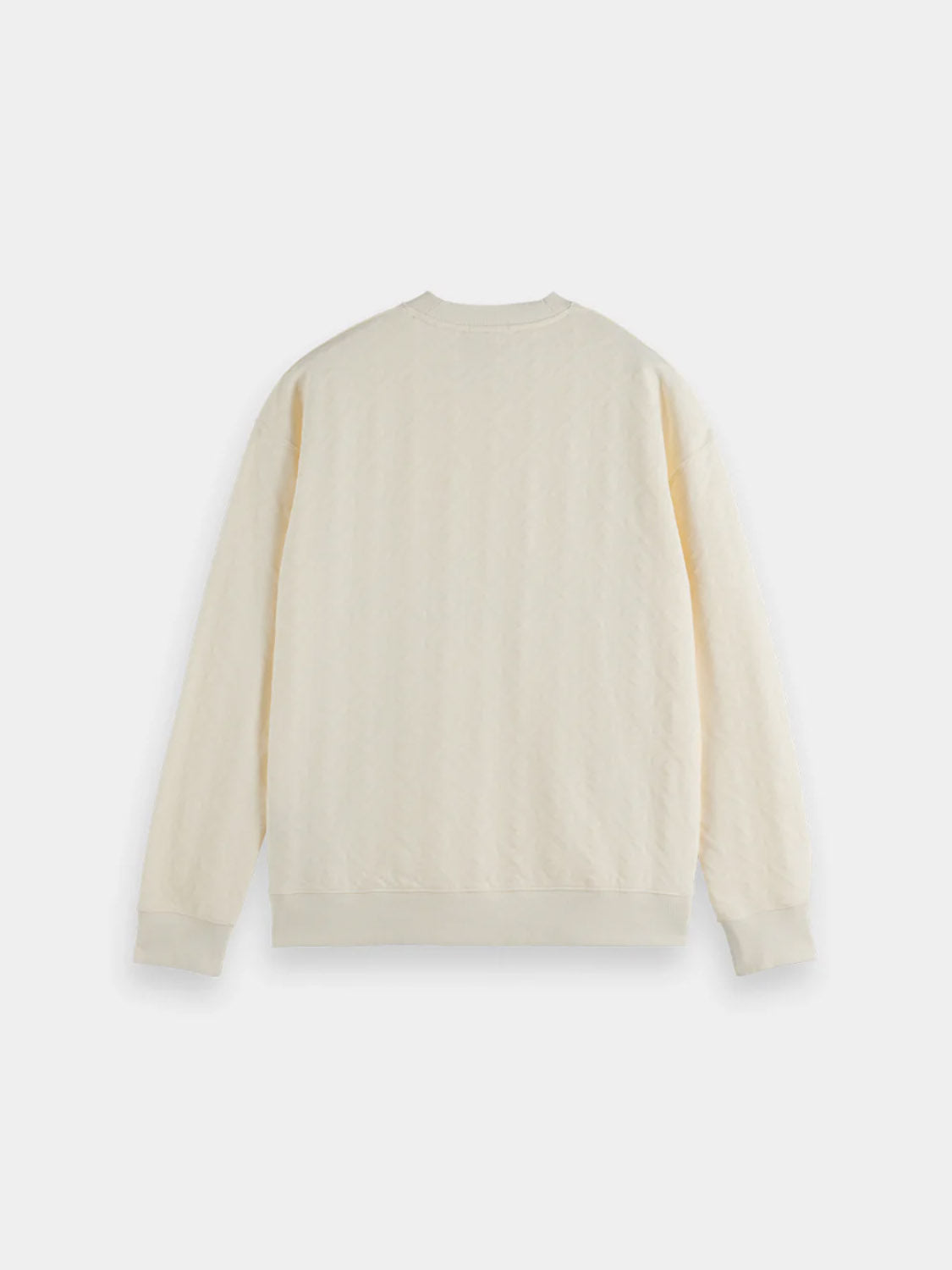 The Scotch & Soda 181532 Jacquard Terry Sweatshirt in cream features long sleeves, a crew neckline, ribbed cuffs and waistband, shown from the back on a plain white background for timeless casual style.