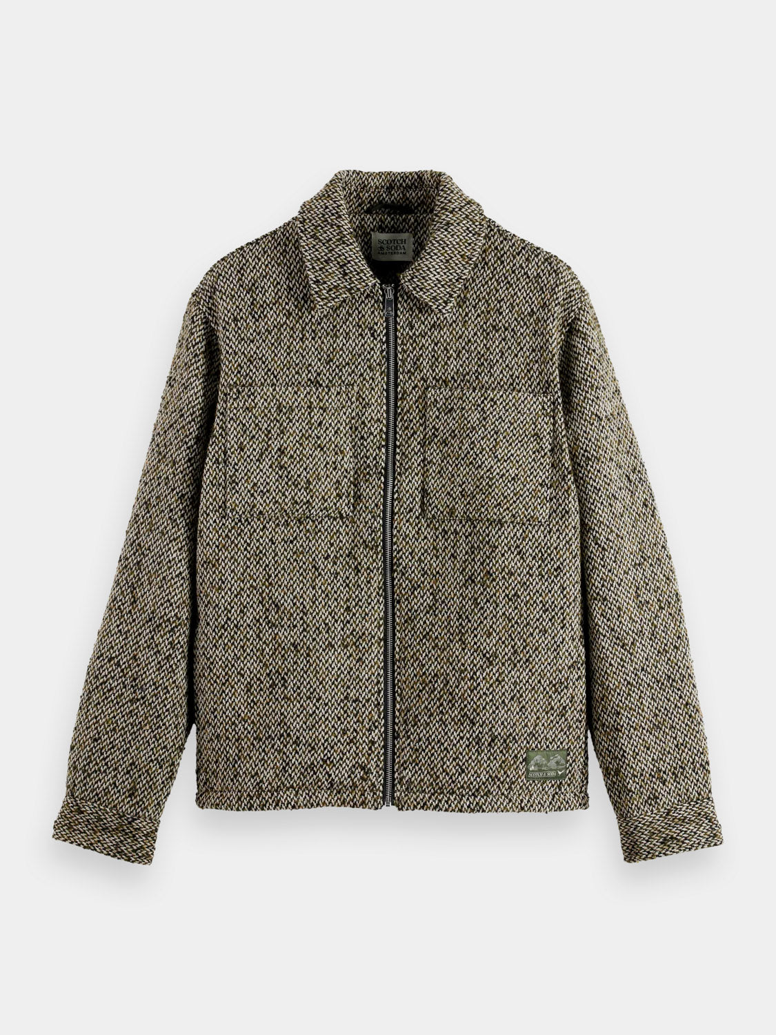 The 181609 Multicolored Tweed Overshirt by Scotch & Soda is a wool-blend zip-up with a collar, long sleeves, chest pockets, brown and beige tones, plus a green hem tag—shown on a plain white background.