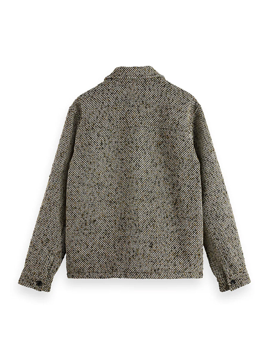 The Scotch & Soda 181609 Multicolored Tweed Overshirt is displayed from the back on a white background, showcasing its black and white speckled pattern and textured, stylish design.