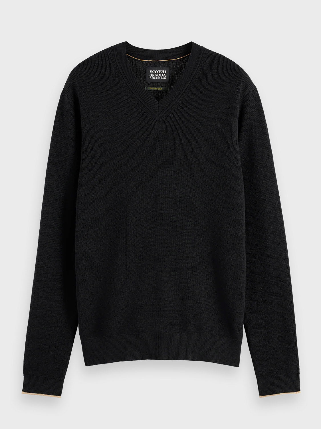 The Scotch & Soda 181773 Cotton Linen V-Neck Pullover is a plain black, mid-length sweater with ribbed cuffs, hem, and neckline. Laid flat on a light gray background, it features soft, lightweight fabric for classic comfort.